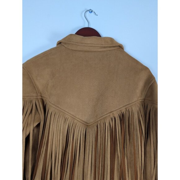 Nasty Gal Women's Camel Tan Fringe Faux Suede Jacket Western Cowgirl Size Small - Picture 12 of 16